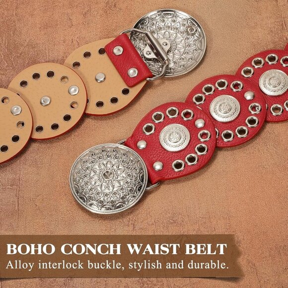 Women Vintage Disc Waist Concho Leather Belt Boho Waist Belt Red Silver Buckle main image 4
